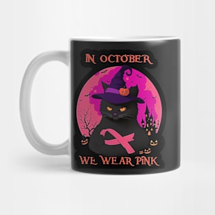 Black Cat In October We Wear Pink Funny Halloween Mug